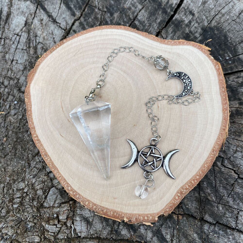 Clear Quartz Pendulum with Pentagram and Moon Charms
