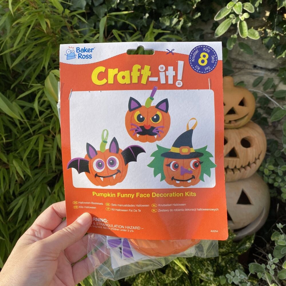 Halloween Craft Kits ~ Pack of 8 Pumpkin Funny Face Decoration Kits.