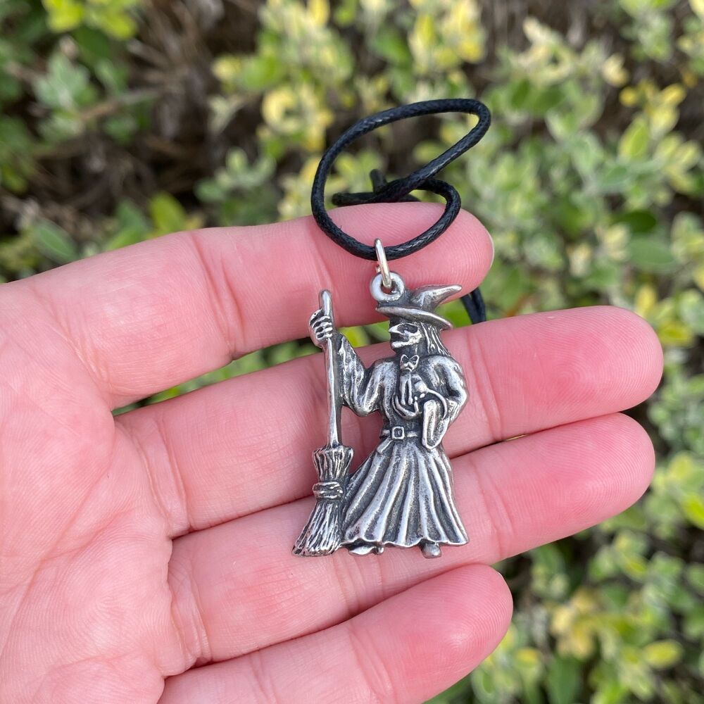 Pewter Witch and Broom Pendant with Black Cord Necklace
