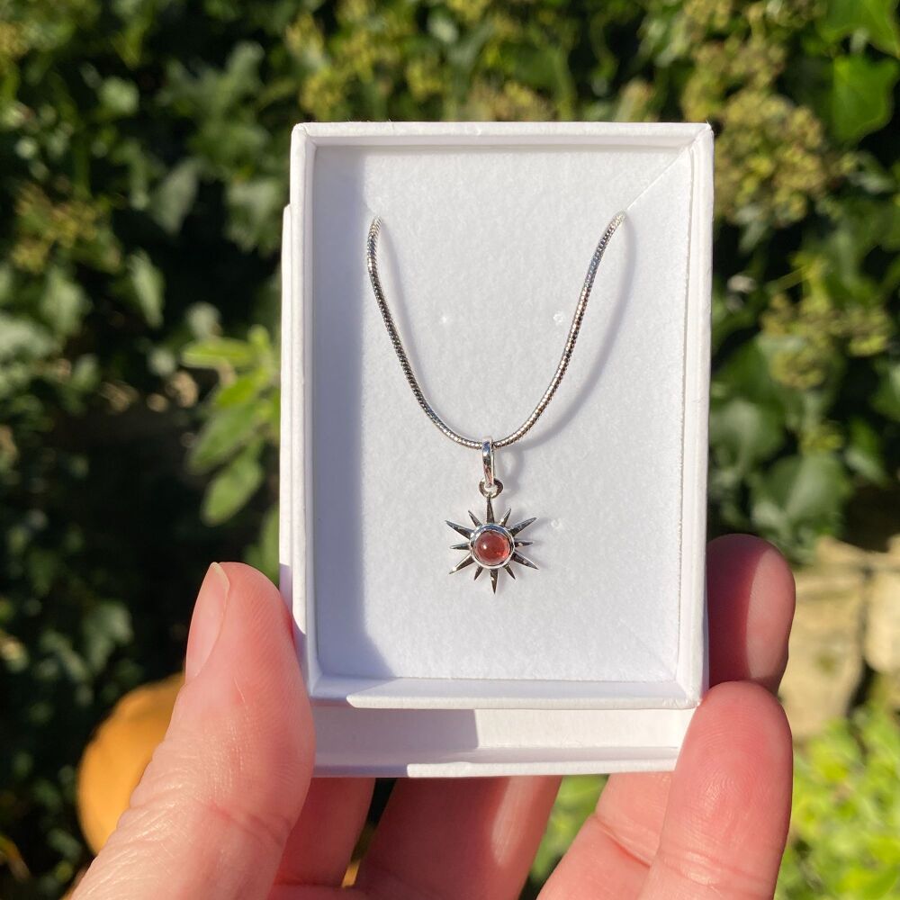 925 Sterling Silver  Sun Pendant with Garnet Stone, Free Chain and Gift Box