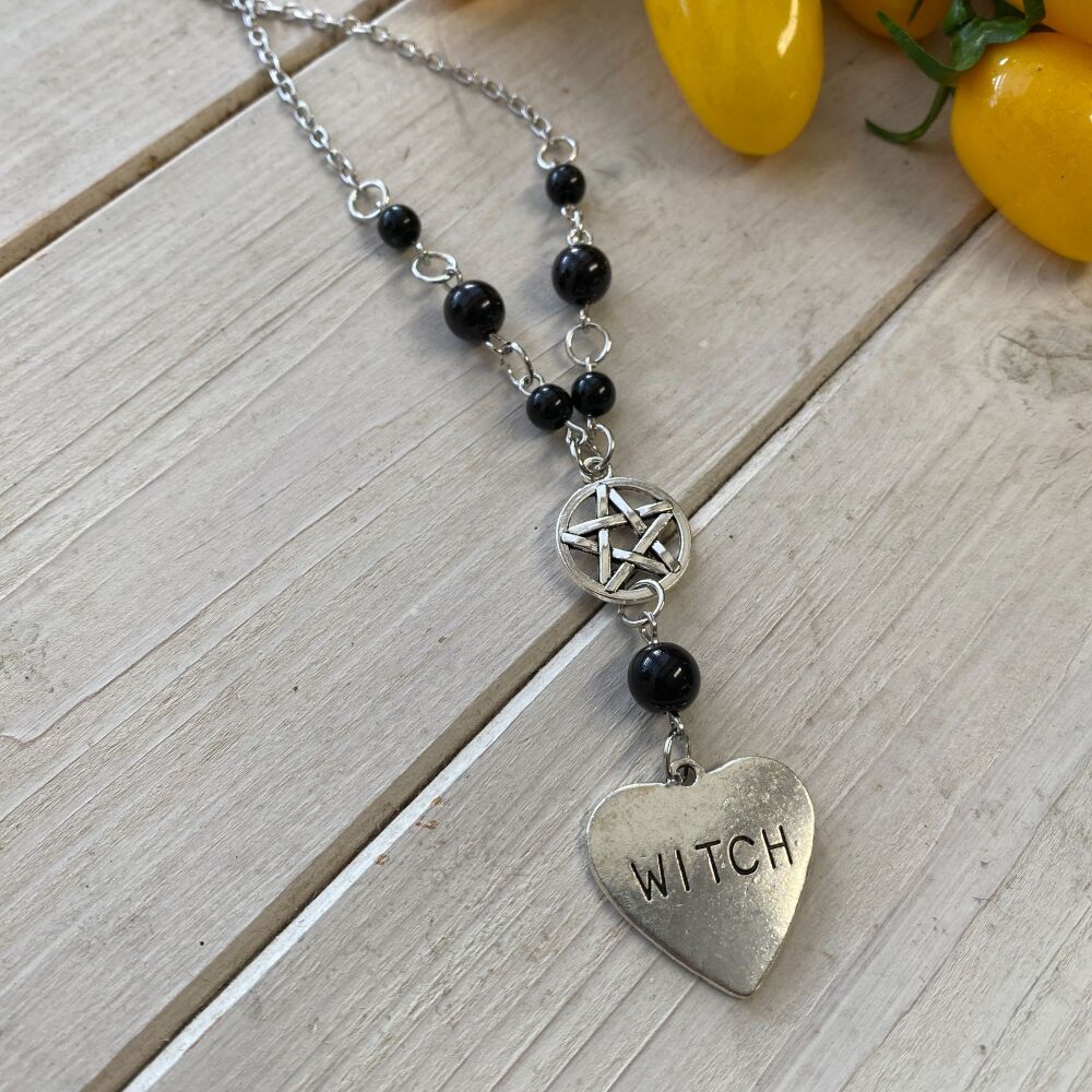 WITCH Pendant with Pentagram Charm and Black Beads