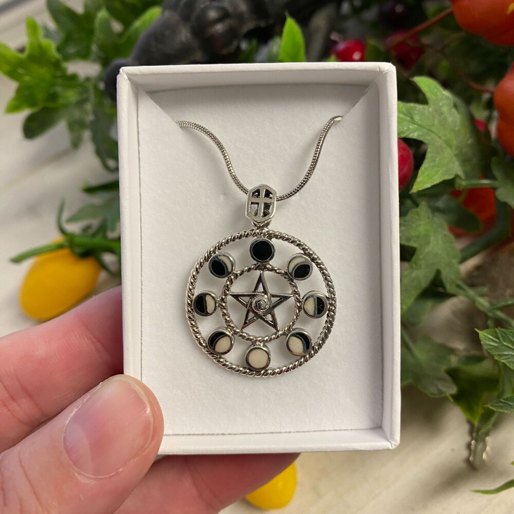 925 Silver Moon Phase and Pentagram Pendant with free chain and gift box