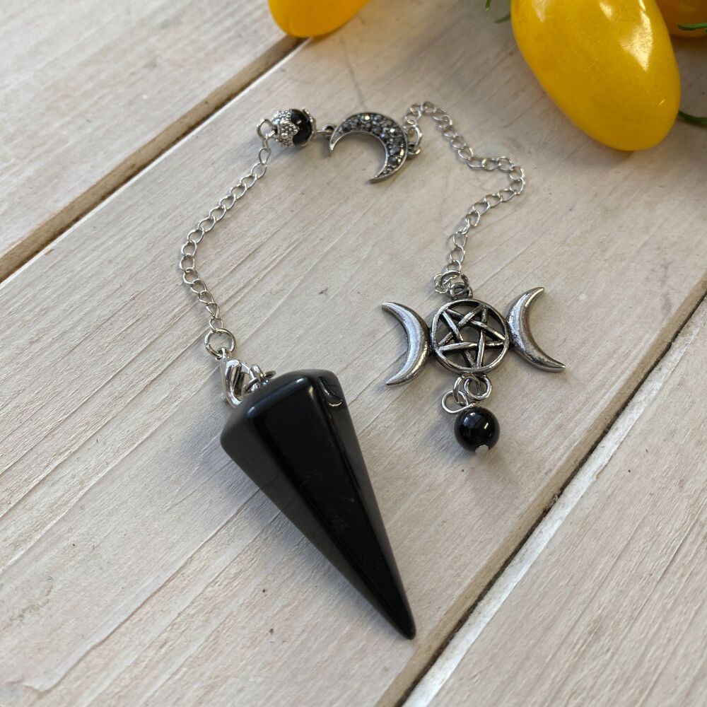Black Obsidian Pendulum with Pentagram and Triple Moon Charms
