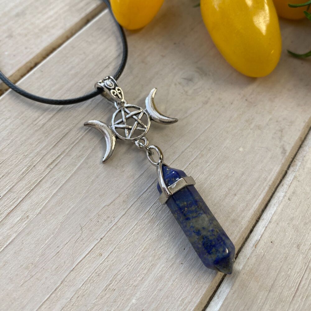 Lapis Lazuli Pendulum Pendant with Pentagram and Triple Moon Charm