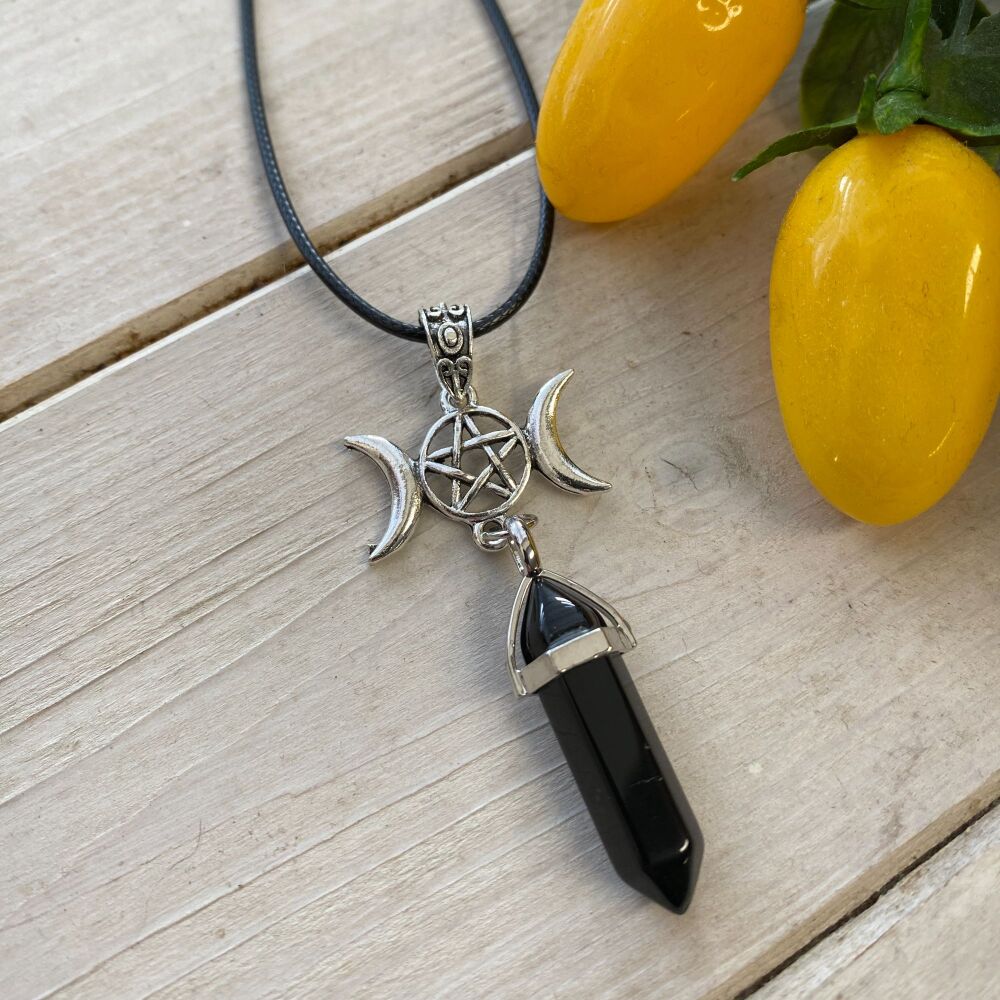 Black Obsidian Pendulum Pendant with Pentagram and Triple Moon Charm