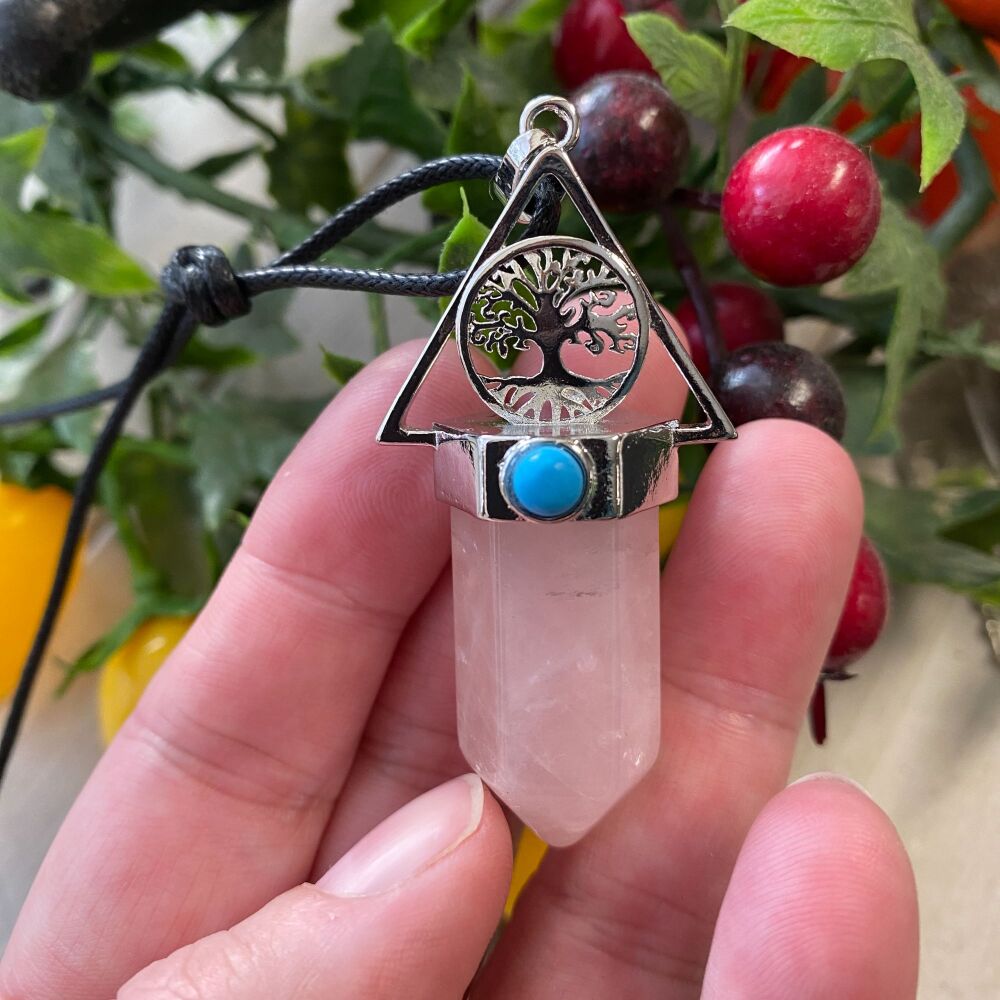 Rose Quartz Pendulum Pendant with Tree of Life and Blue Stone