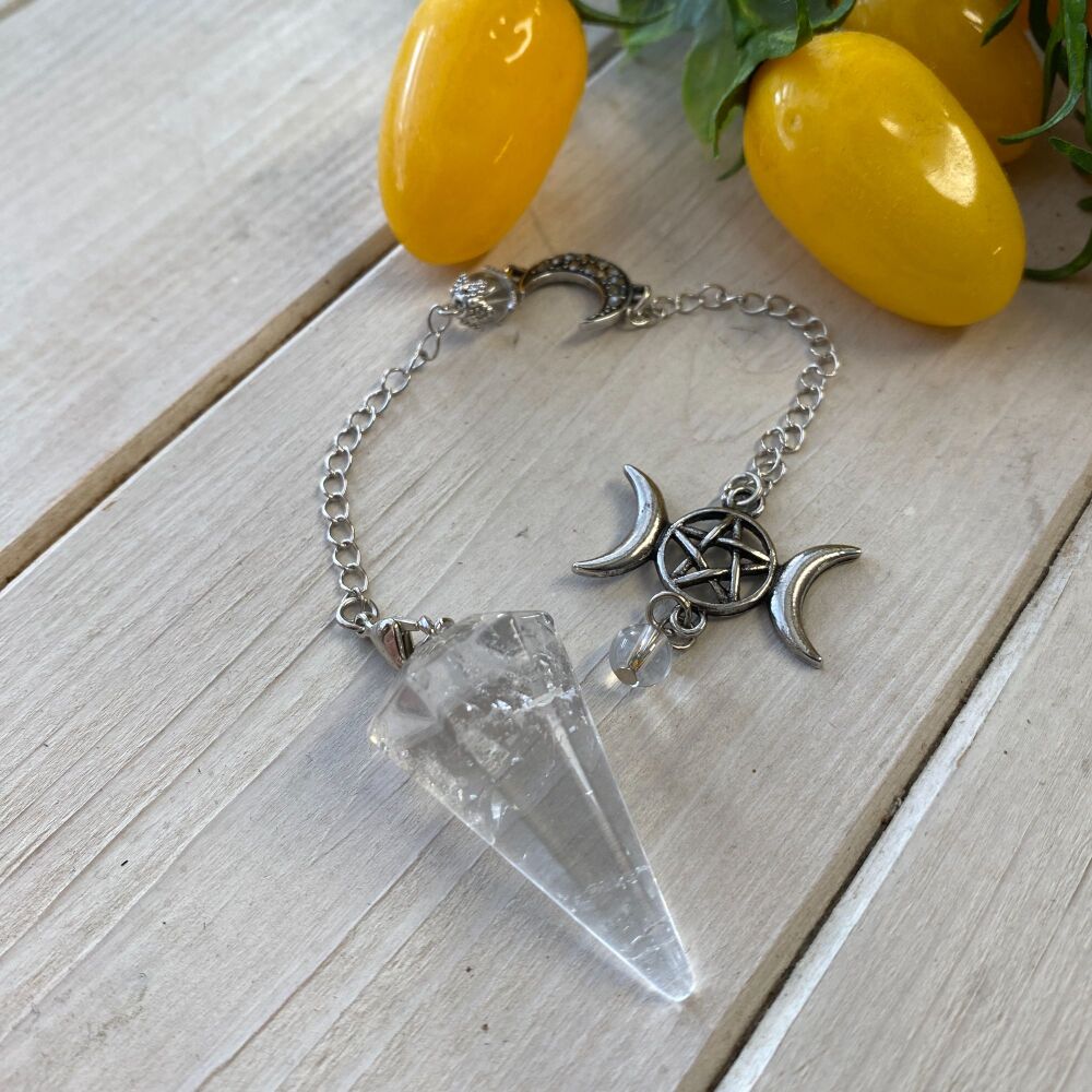 Clear Quartz Pendulum with Pentagram and Triple Moon Charms