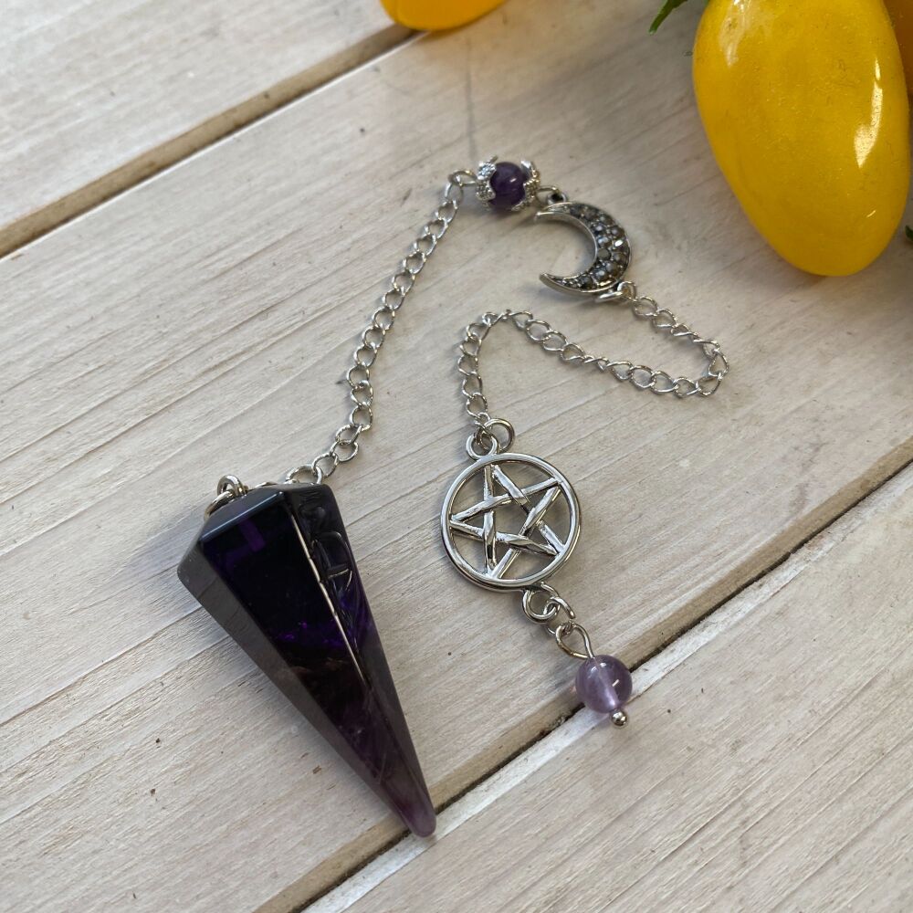 Amethyst Pendulum with Pentagram and  Moon Charms