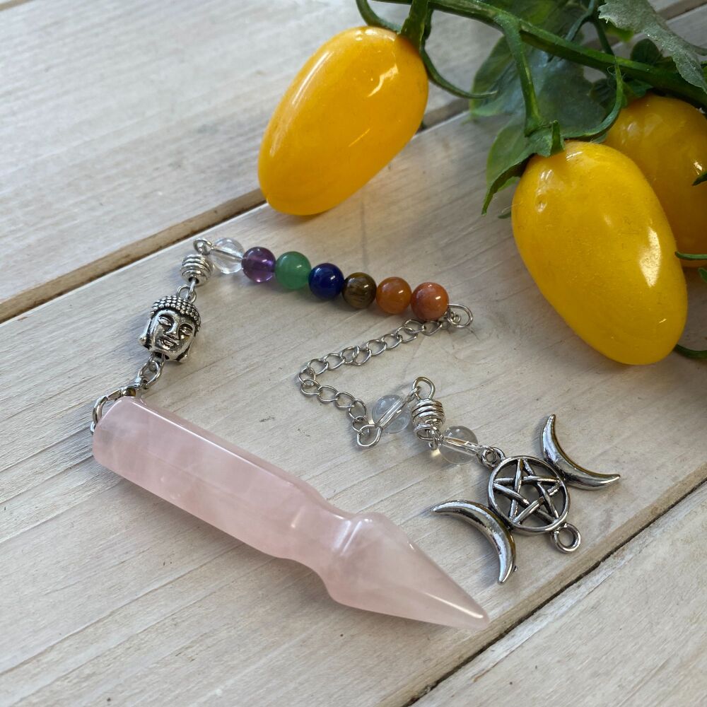 Rose Quartz Pendulum with Chakra Beads, Triple Moon and Buddha Charms
