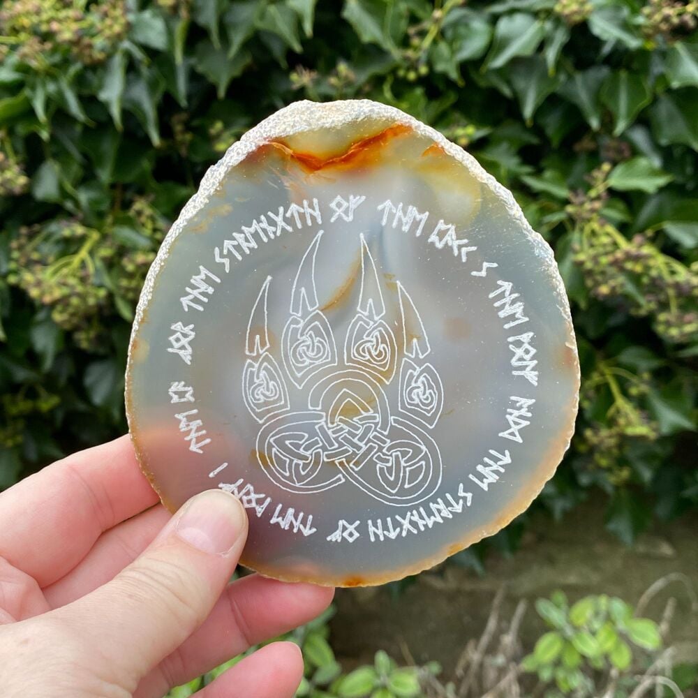 Agate Slice with Celtic Wolf Paw design ~  Natural Agate  #B39