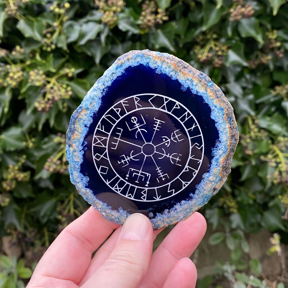 Agate Slice with Runic Viking Compass Design ~ Blue #B31