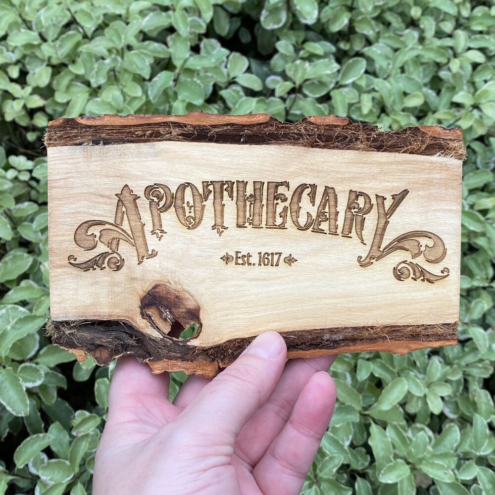Apothecary ~ Wooden slice with bark on and stand