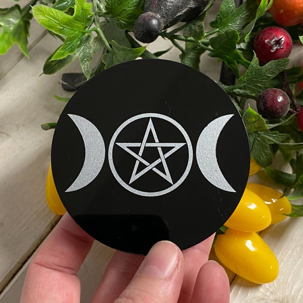 Black Obsidian Disc ~ Triple Moon and Pentagram design with case and stand