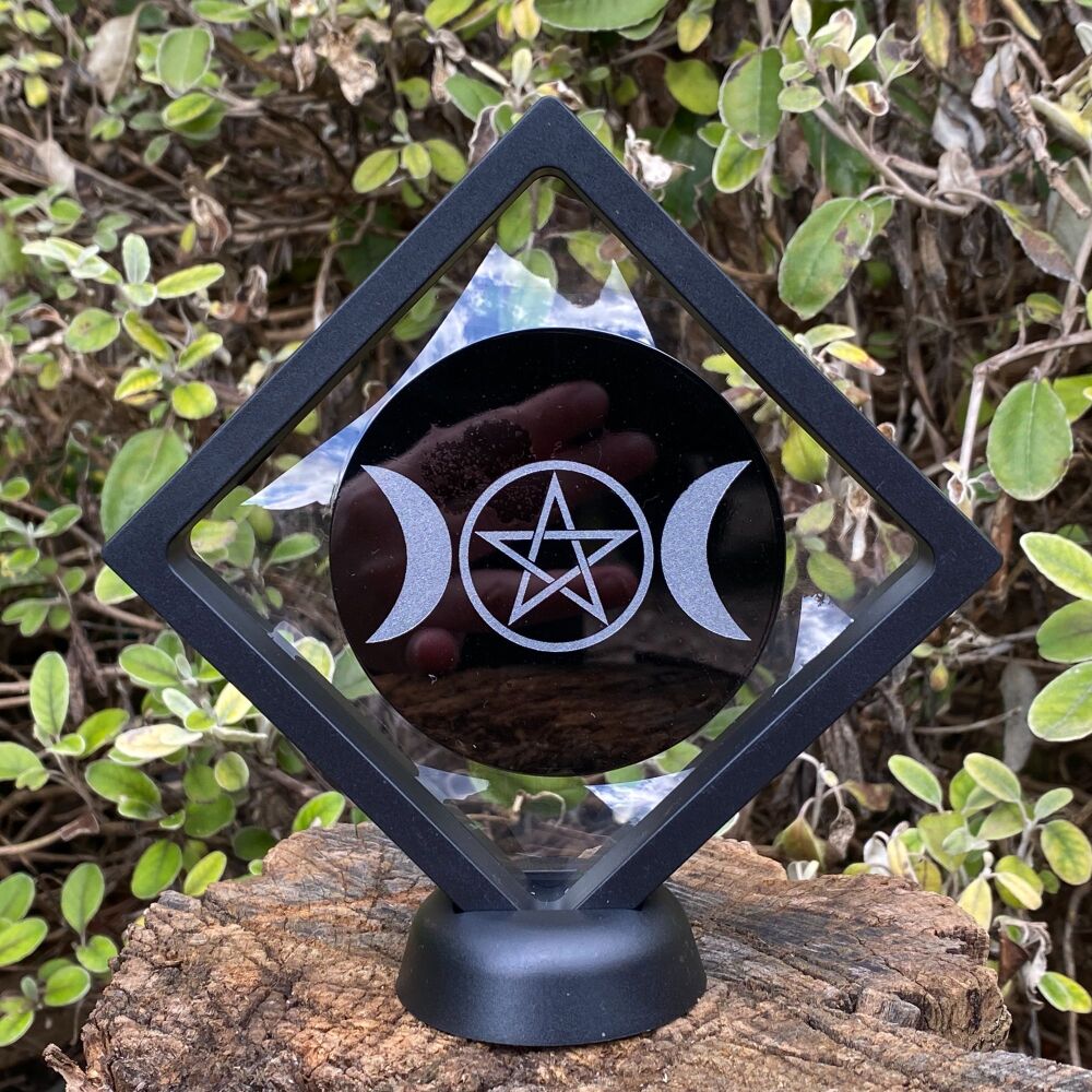 Black Obsidian Plate with Triple Moon and Pentagram design, case and stand