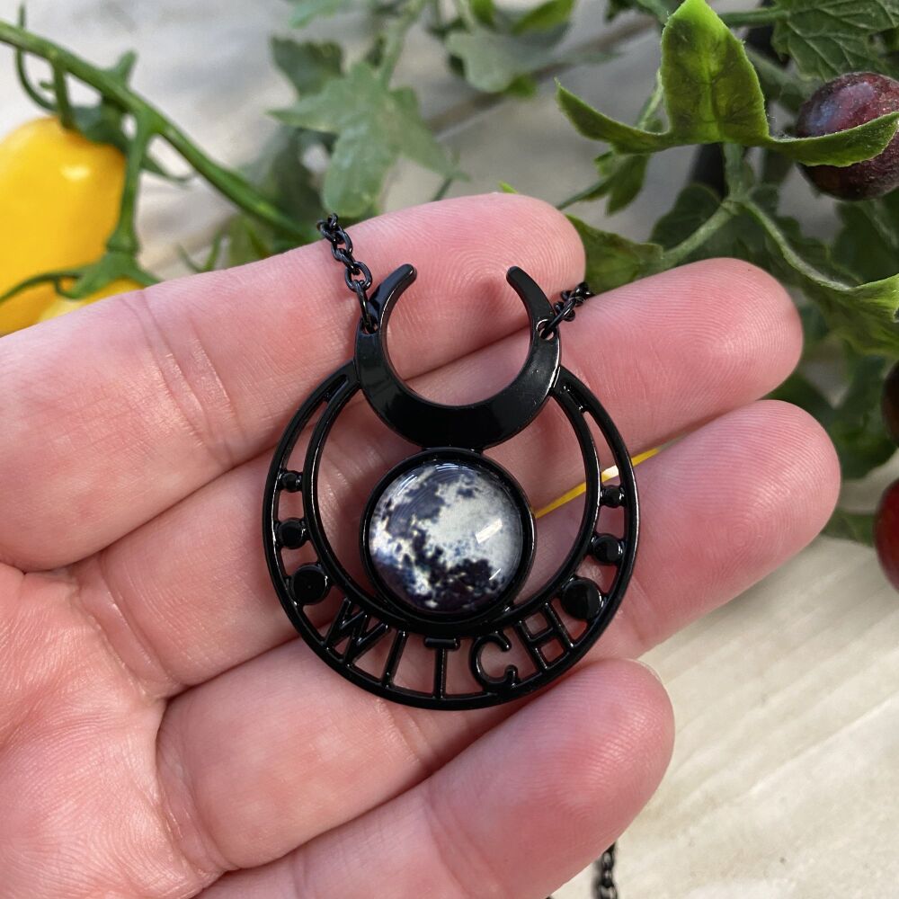 Black Witch and Moon Phase Pendant with Chain