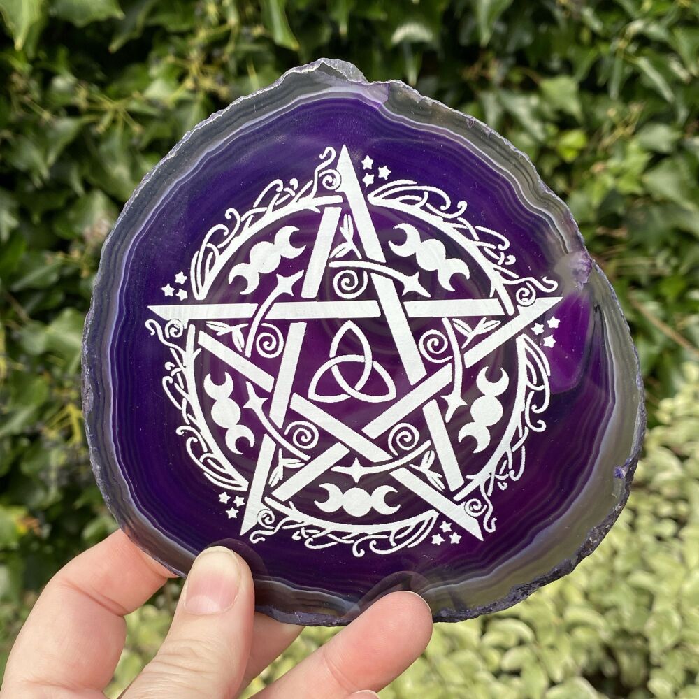 Agate Slice with Decorative Pentagram Design on Purple Agate