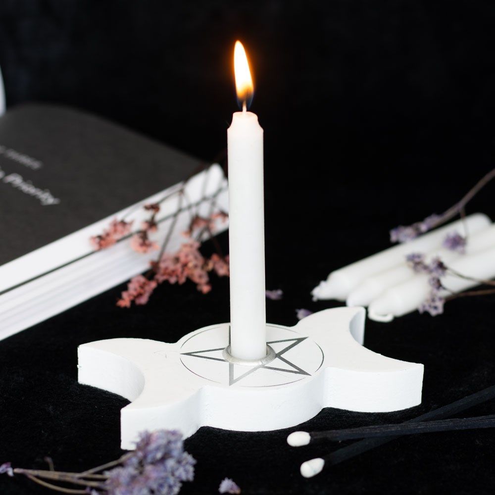 Wooden Pentagram Triple Moon Candle Holder ~ White