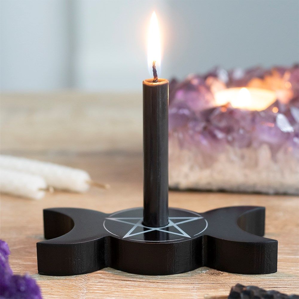 Wooden Pentagram Triple Moon Candle Holder ~ Black