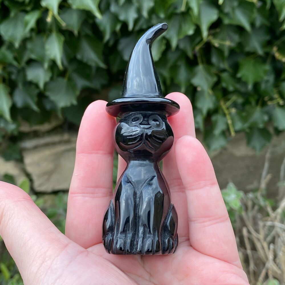Black Obsidian Carved Witches Cat in a Hat