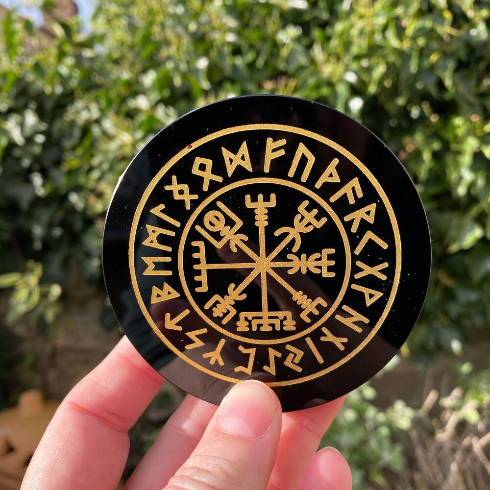 Black Obsidian Disc ~ Viking Compass and Runes design with case and stand