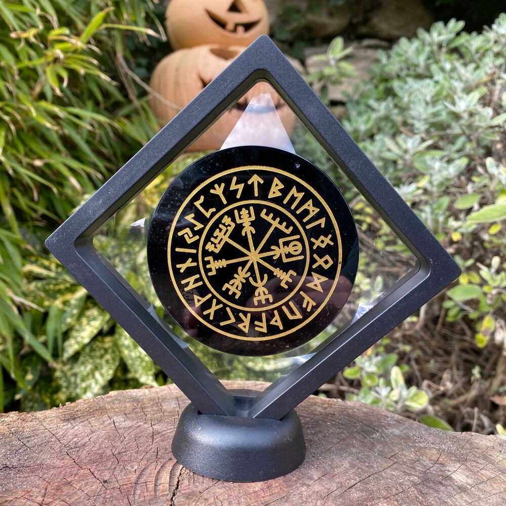 Black Obsidian Plate with Viking Compass and Runes design, case and stand