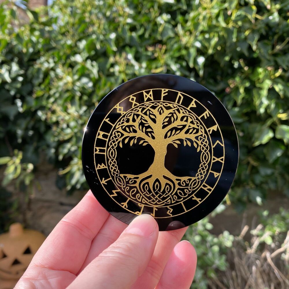 Black Obsidian Disc ~ Tree of Life and Runes design with case and stand