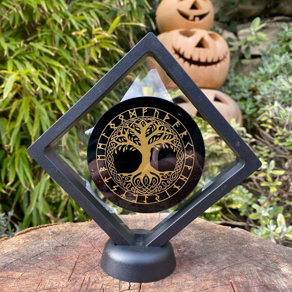 Black Obsidian Plate with Tree of Life and Runes design, case and stand
