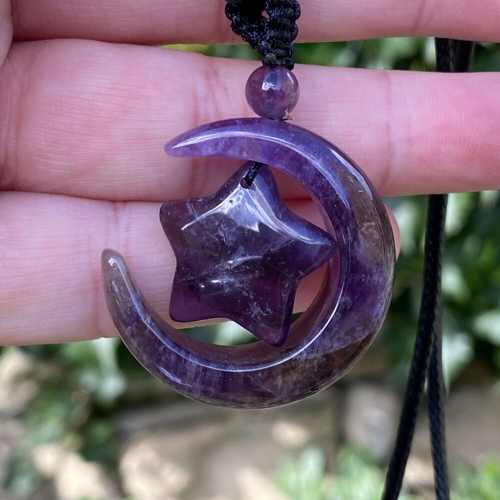 Carved Moon and Star Pendant ~ Amethyst #2