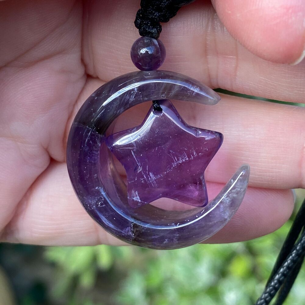 Carved Moon and Star Pendant ~ Amethyst #1