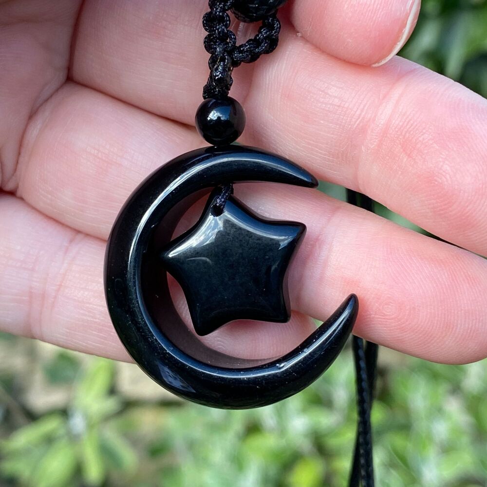 Carved Moon and Star Pendant ~ Black Obsidian #1