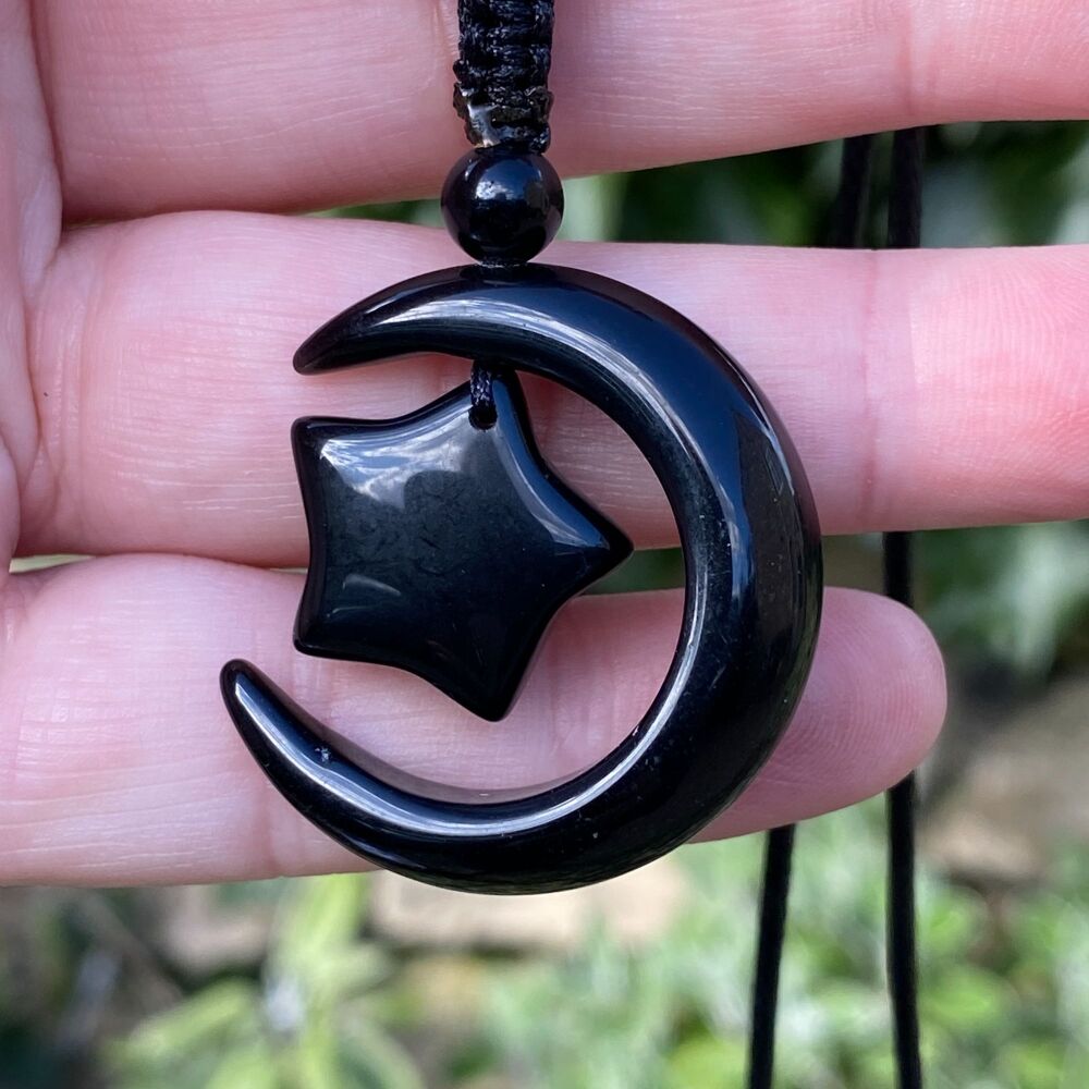 Carved Moon and Star Pendant ~ Black Obsidian #2