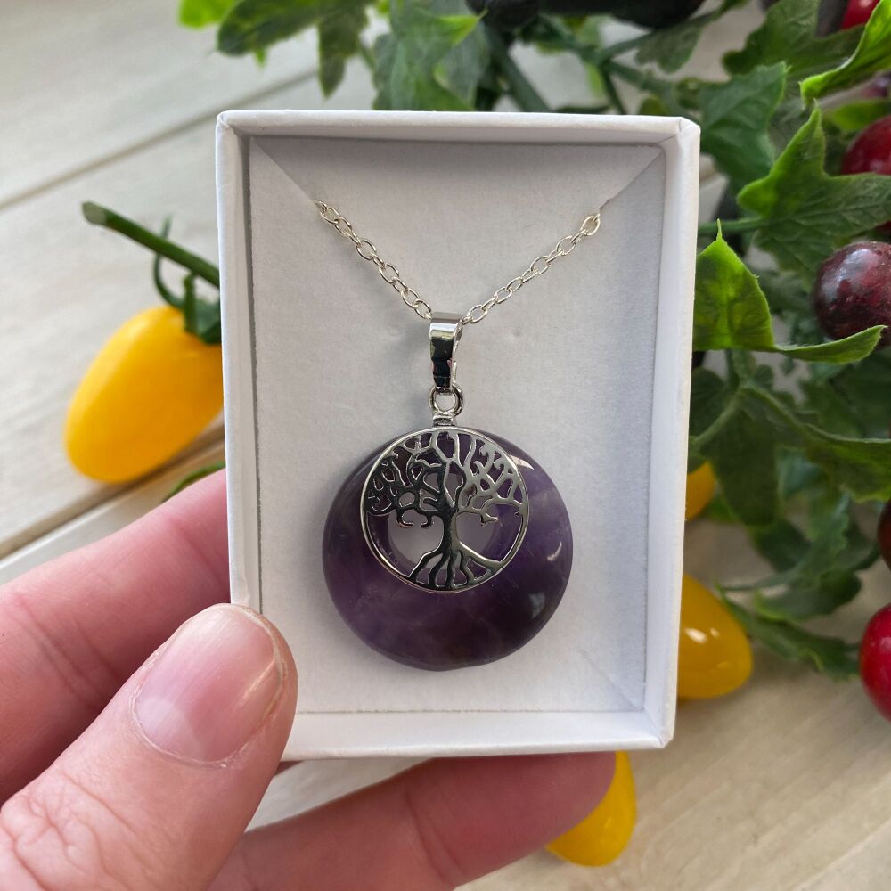 Amethyst Donut Pendant with Silver Metal Tree of Life Charm and free chain and box