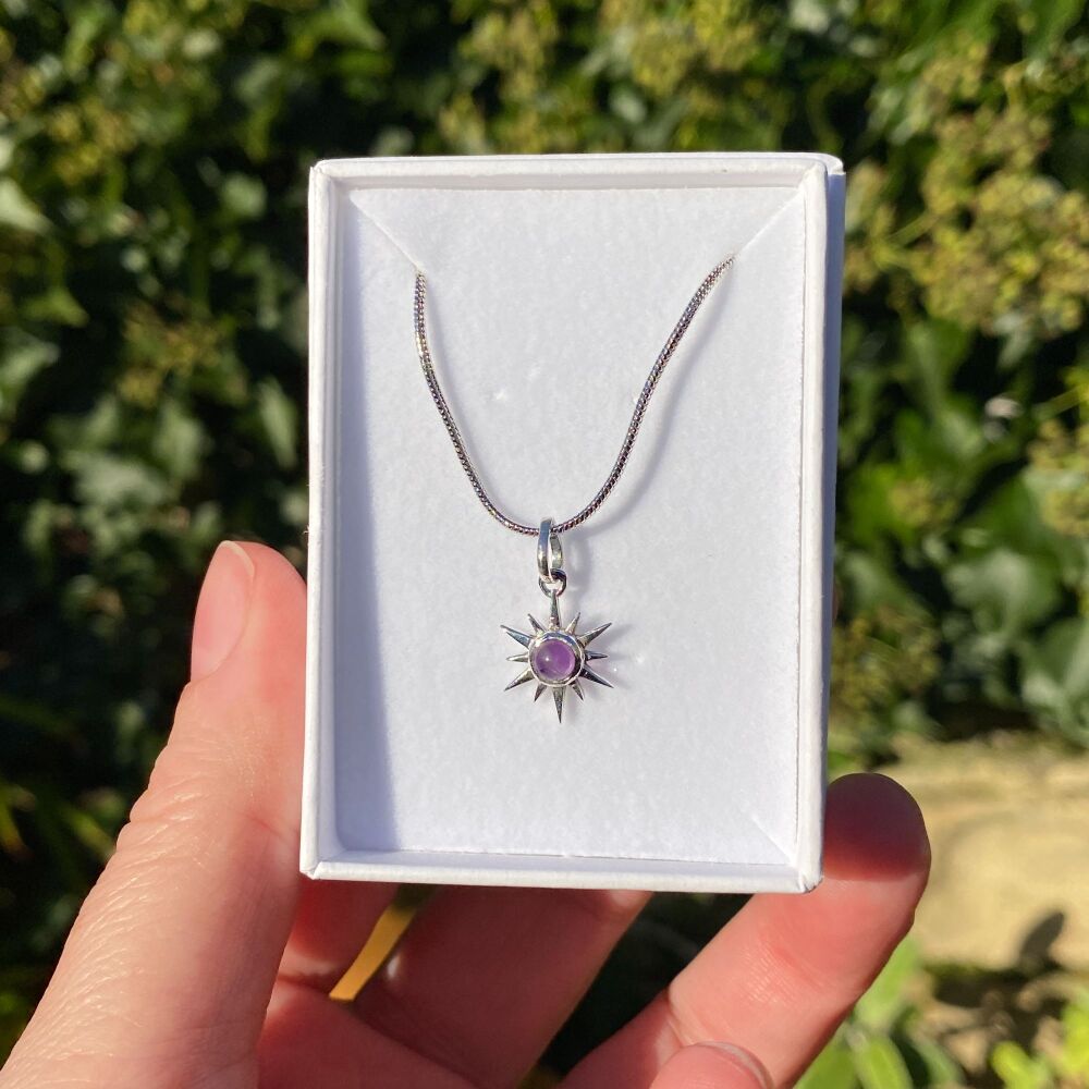 925 Silver Sun Pendant with free chain and gift box ~ Amethyst