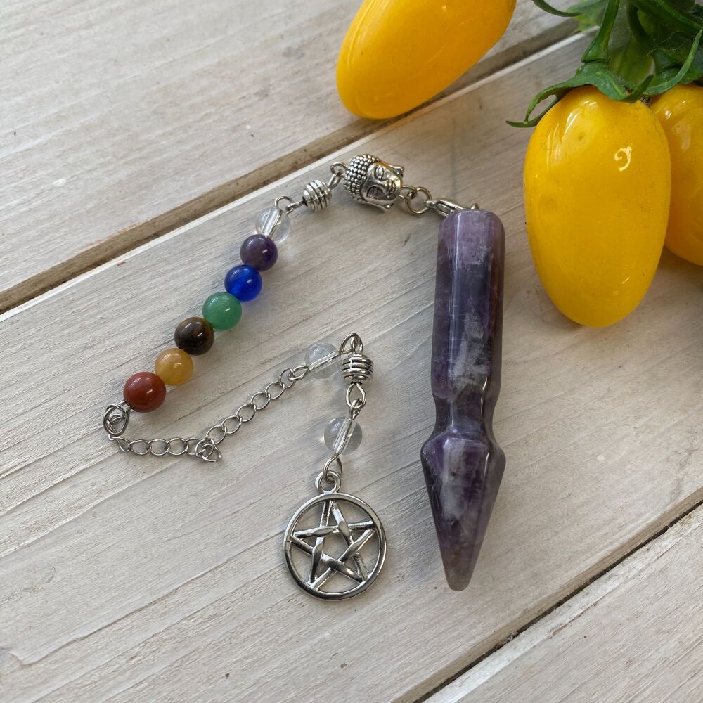 Amethyst Pendulum with Chakra Beads, Triple Moon and Buddha Charms