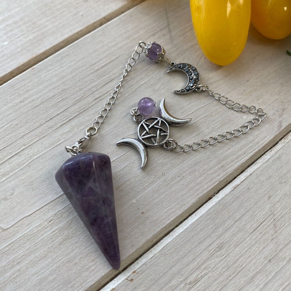 Amethyst Pendulum with Pentagram and Triple Moon Charms