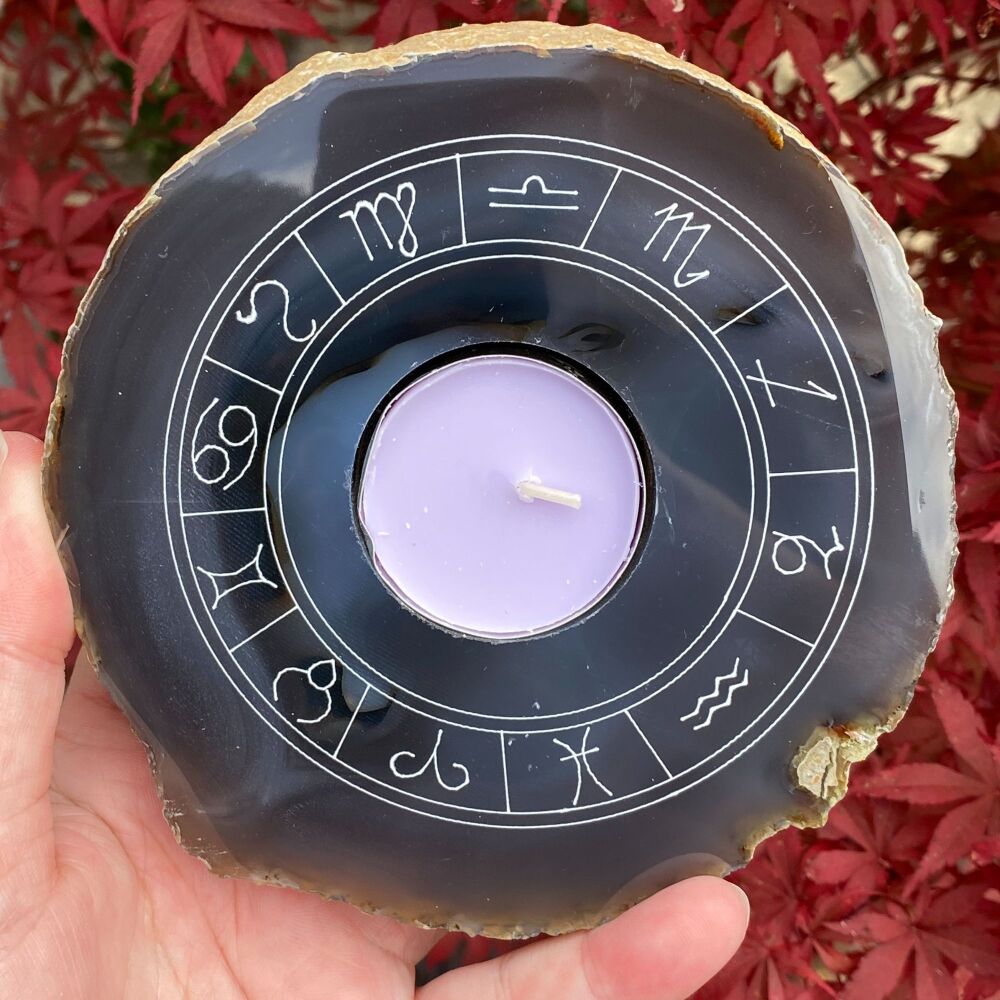 Agate Tea Light Holder with Astrology Wheel Design