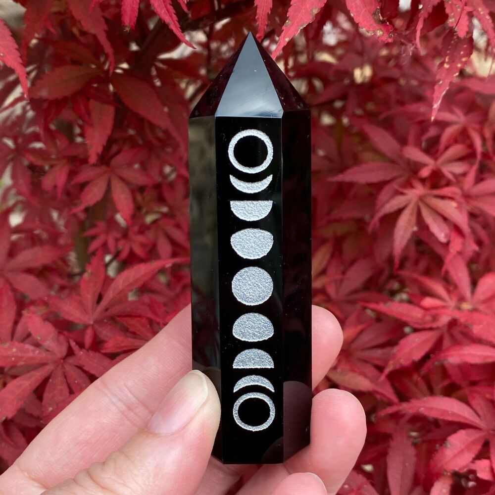 Black Obsidian Point with Moon Phases ~ #1