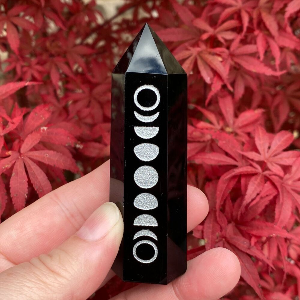 Black Obsidian Point with Moon Phases ~ #2