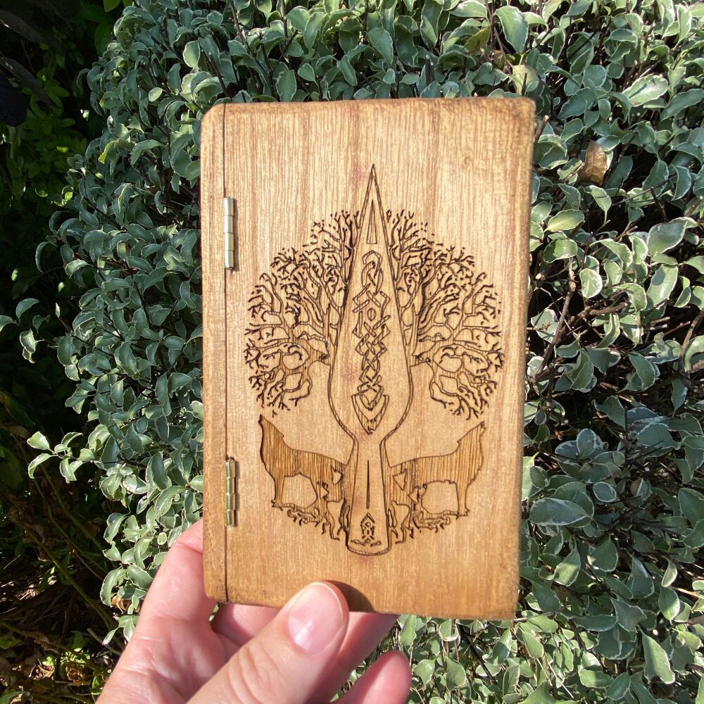 A Lovely Wooden Book Box with Athame Tree of Life design with two guardian 