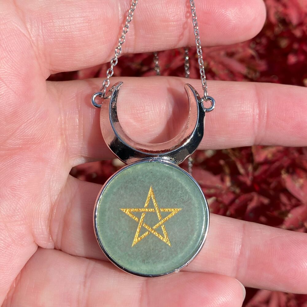 Green Aventurine Pentagram and Moon Pendant