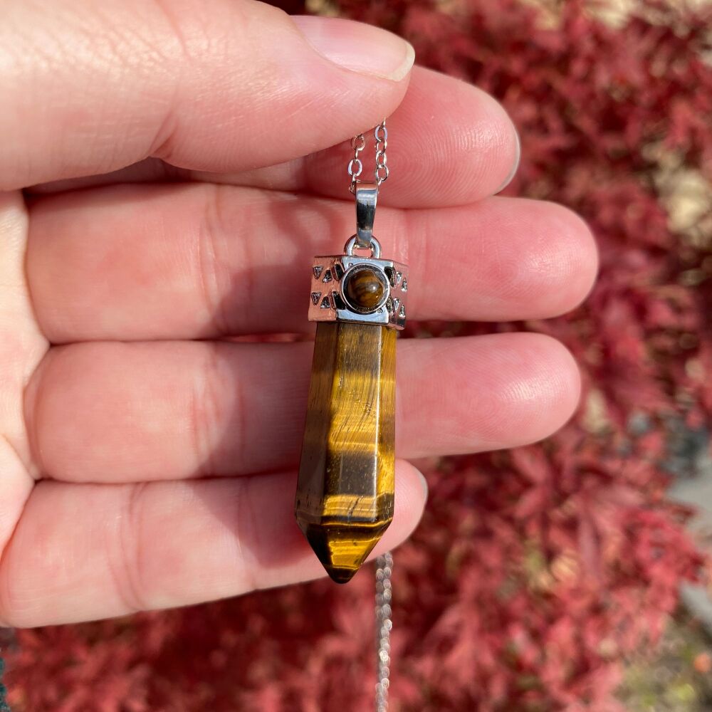 Tiger Eye Crystal Point Pendant or Pendulum with chain