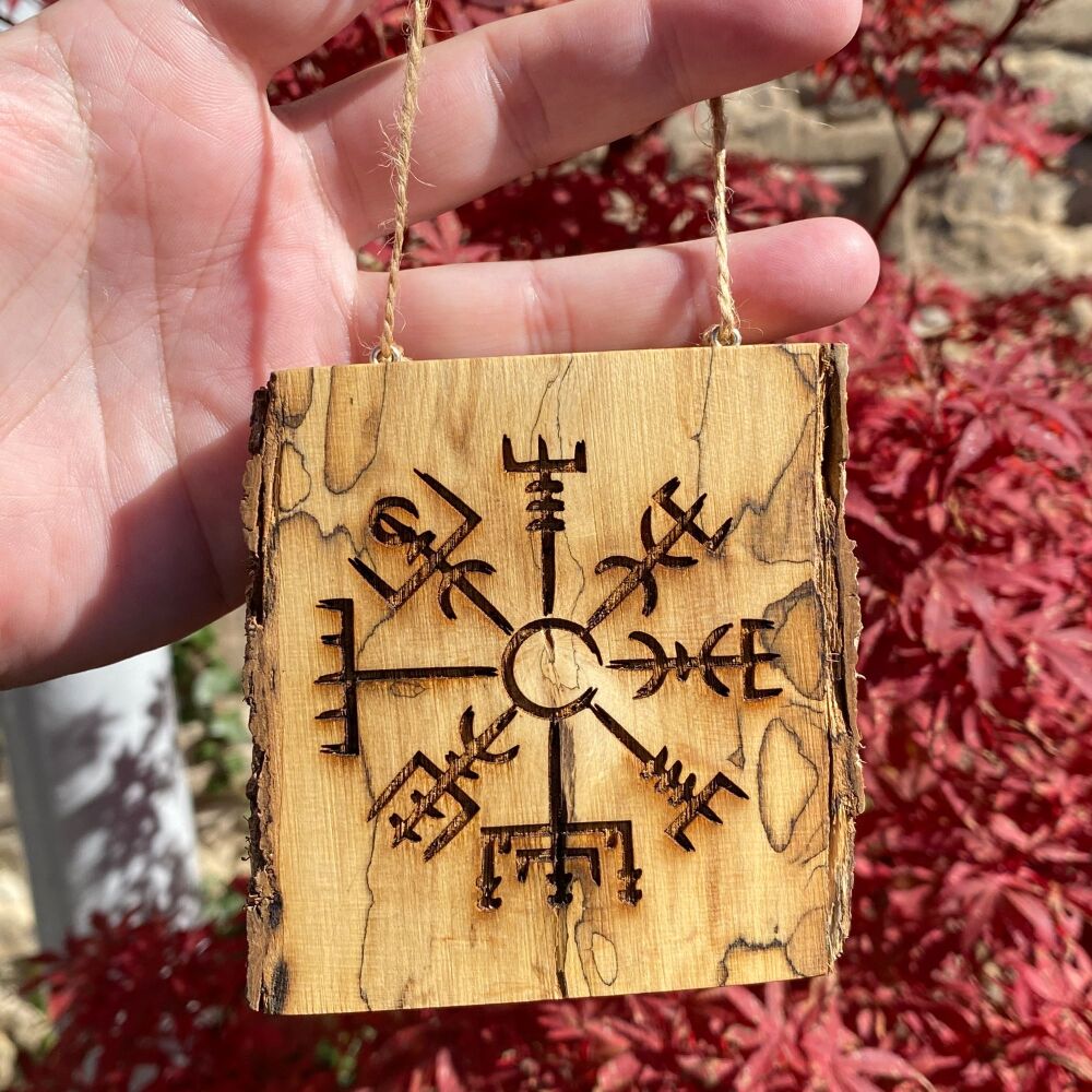 Spalted Yew Wood plaque with Viking Compass design