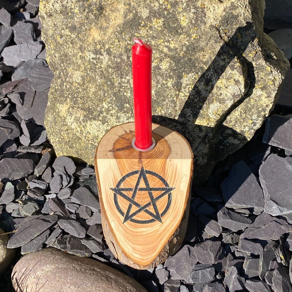 Handcrafted Yew Wood Spell Candle Holder with Pentagram