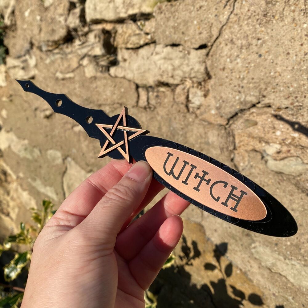 Hand Crafted Black and Copper Athame with WITCH and Pentagram