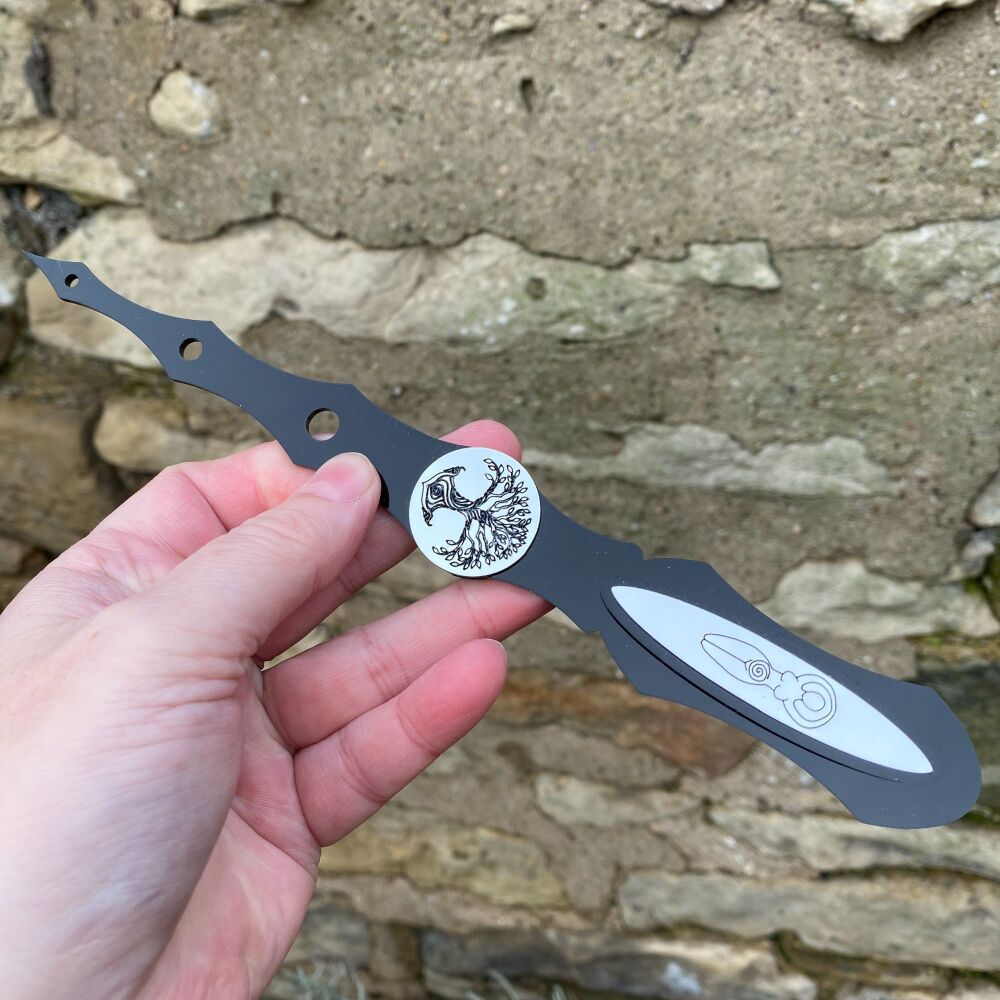 Hand Crafted Silver and Black Athame with a Goddess, Tree of Life and Viking Compass design (A10)