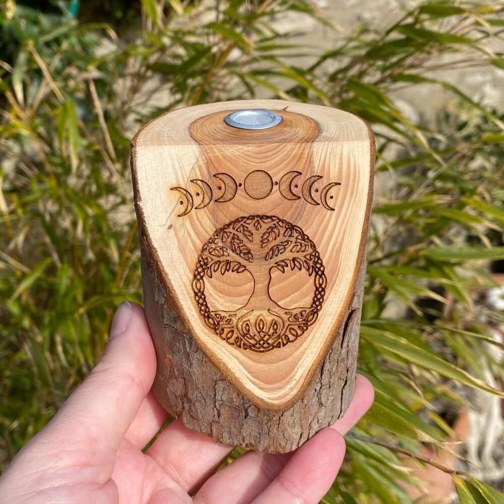 Handcrafted Yew Wood Spell Candle Holder with Tree of Life and Moon Phases