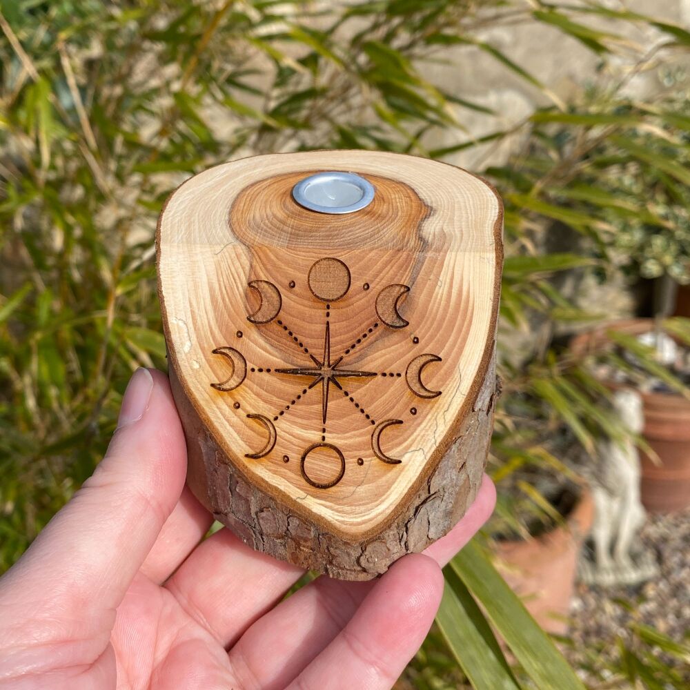 Handcrafted Yew Wood Spell Candle Holder with Moon Phases
