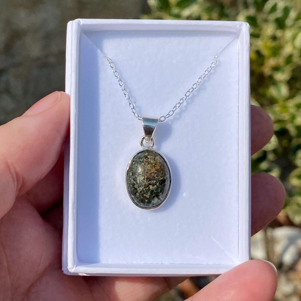 Preseli Blue Stone (Stonehenge Stone) pendant with free chain and gift box.