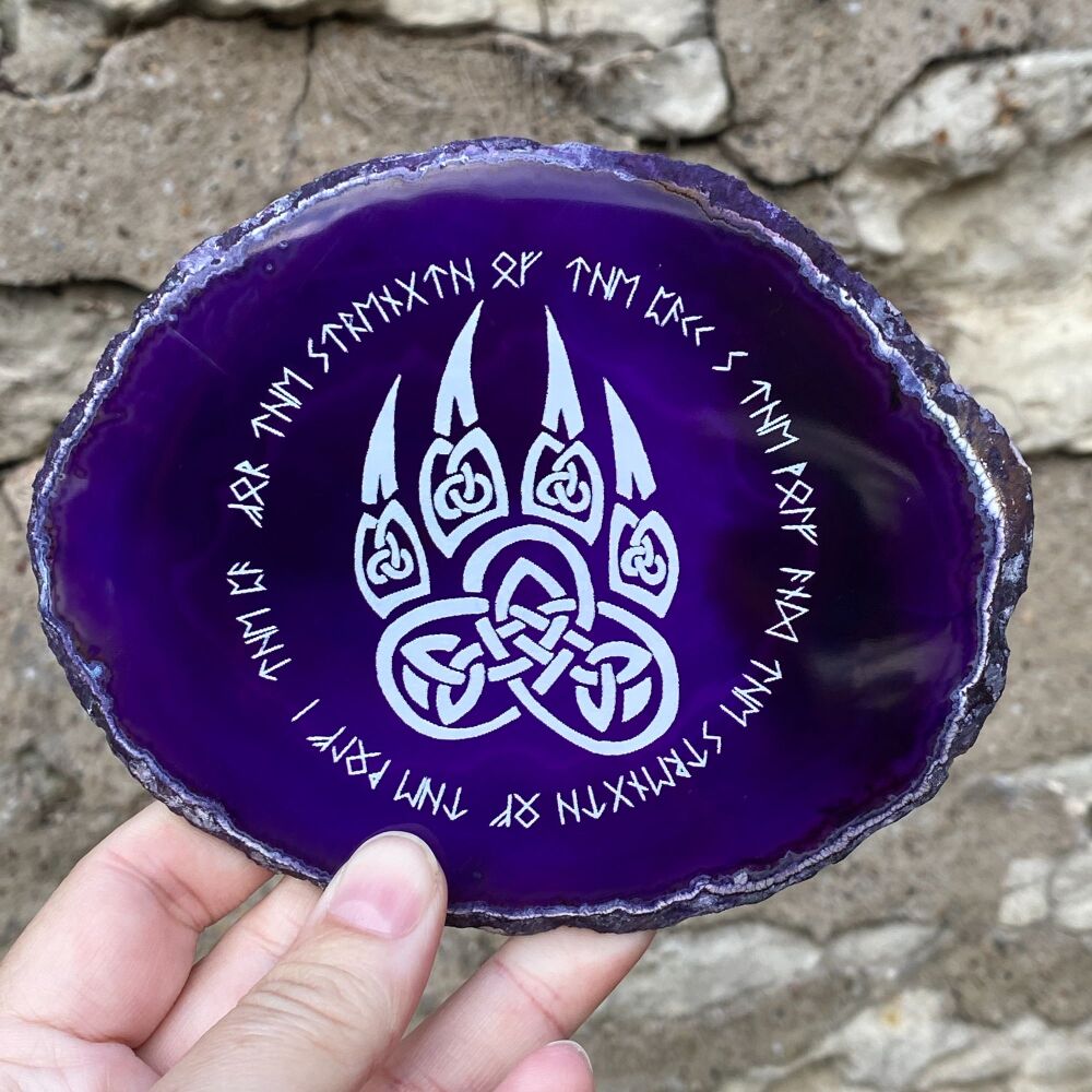 Agate Slice with Decorative Celtic Wolf Design ~ Purple