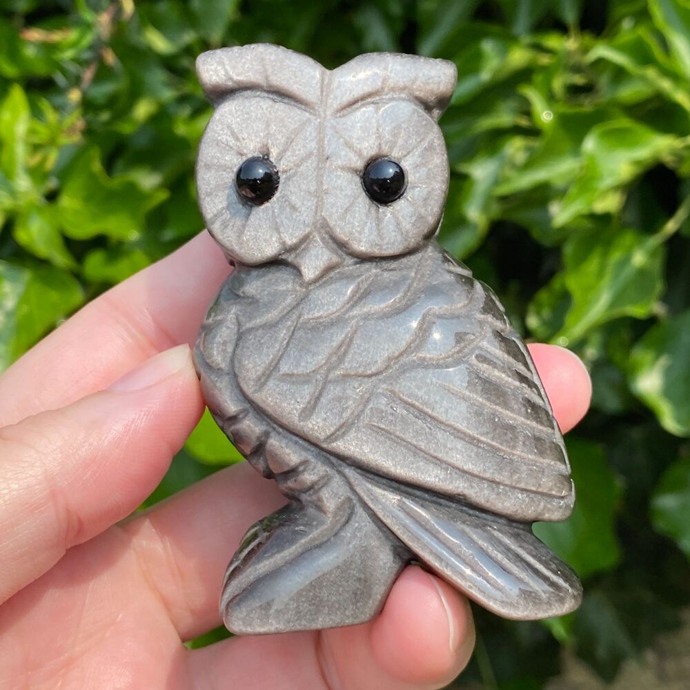 Carved Owl in Silver Sheen Obsidian